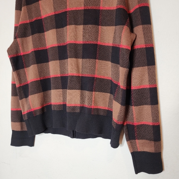 Ann Taylor Metallic Red Black Brown Plaid Button Knit Sweater Cardigan Cotton XL - Picture 11 of 16
